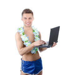 Vacation and young attractive with a laptop.