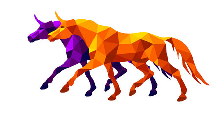 two running unicorn, vector-isolated amber image on white background in low poly style 