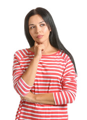 Portrait of beautiful woman on white background