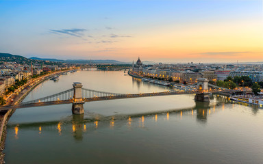 Budapest cityscape in the morning with danube river, Chain bridge and Hungarrian Parliament