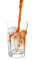 Pouring of cold cola into glass on white background