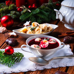 traditional Polish Christmas Eve borscht with dumplings
