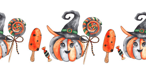 Watercolor autumn seamless borders for children's Halloween party with pumpkins, hats, black cat, owl, bat, Lollipop, ice cream, Ghost