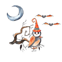 Watercolor compositions for children's Halloween party with pumpkins, hats,  owl, bat, spider, web