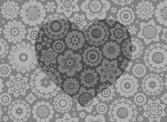 Heart, card, floral background, color, gray, vector. A gray heart on a flower field. Vector picture.  