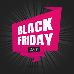 Black friday sale inspiration poster, big pink ribbon banner or flyer vector illustration isolated on dark background. Big holiday mega sale with ribbon, label tag and text.