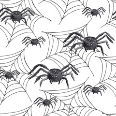 Watercolor autumn seamless patterns for children's Halloween party with pumpkins, hats, black cat, owl, cauldron, bat, Lollipop, ice cream, balloons, spider, web, Ghost