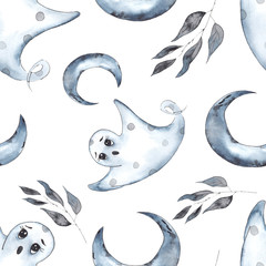 Watercolor autumn seamless patterns for children's Halloween party with pumpkins, hats, black cat, owl, cauldron, bat, Lollipop, ice cream, balloons, spider, web, Ghost