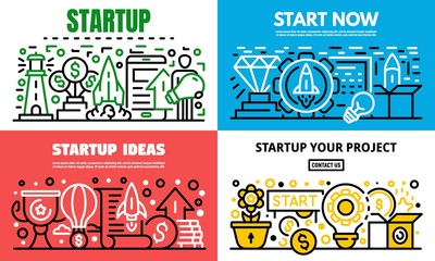 Media startup banner set. Outline set of media startup vector banner for web design