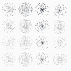 Collection Of Retro Light Rays. Set Of Vintage Sunburst Shapes For Your Design. Hand-Drawn Design Elements.