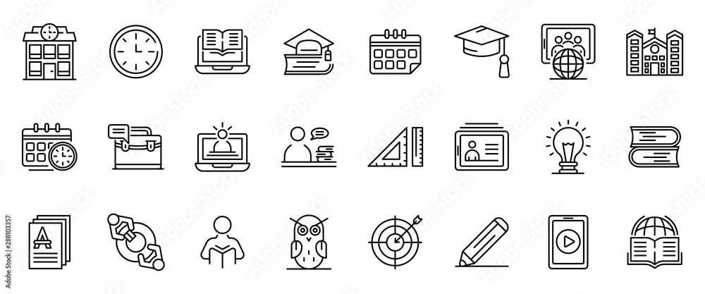 Poster tutor icons set. outline set of tutor vector icons for web design isolated on white background