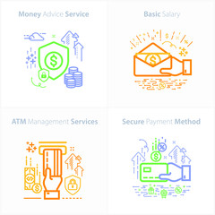 Vector Banking and Finance Flat Icon Set, Money advice service / Basic salary / ATM management services / Secure payment method.