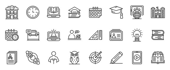 Tutor icons set. Outline set of tutor vector icons for web design isolated on white background