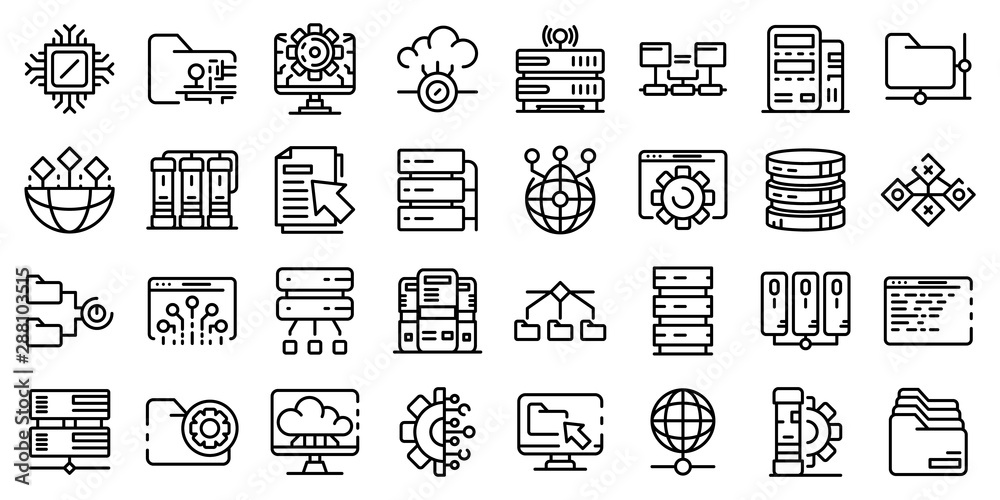 Poster data center icons set. outline set of data center vector icons for web design isolated on white back