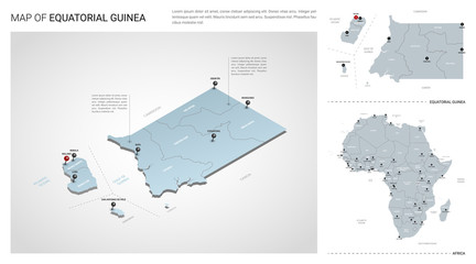 Vector set of Equatorial Guinea country.  Isometric 3d map, Equatorial Guinea map, Africa map - with region, state names and city names.