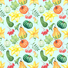 watercolor seamless pattern on autumn theme with pumpkins
