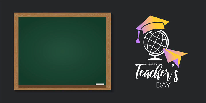 Happy Teacher's day greeting card. Handdrawn elements with paper plane, globe, graduation cap and empty blackboard mock up. Design for graduate poster, banners or flyer. Vector school illustration