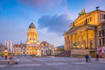 Fototapeta premium Panoramic view of famous Gendarmenmarkt square at sunset in Berlin