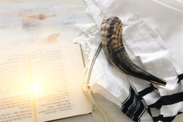 religion image of Prayer Shawl - Tallit, Prayer book and Shofar (horn) jewish religious symbols....