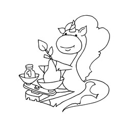 Coloring book for kids - unicorn weighs fruit on scales. Black and white cute cartoon unicorns. Vector illustration.
