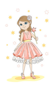 Princess girl, cartoon style. Little fairy with a magic wand.
