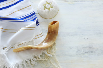 religion image of Prayer Shawl - Tallit, Prayer book and Shofar (horn) jewish religious symbols....