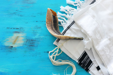 religion image of shofar (horn) on white prayer talit. Rosh hashanah (jewish New Year holiday),...