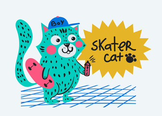 Cat with skateboard and spray paint, children's print