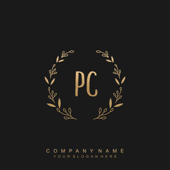 letter PC surrounded by beautiful and elegant flowers and leaves. Wedding monogram logo template.