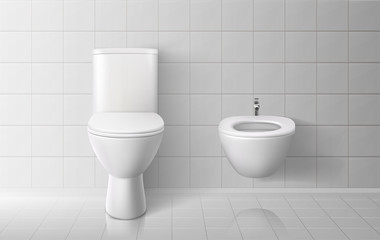 Naklejka na ściany i meble Toilet bowl. Realistic white home toilet. Vector illustration.