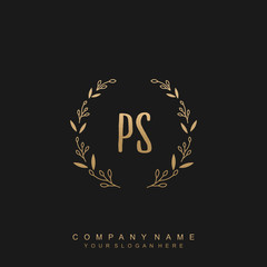letter PS surrounded by beautiful and elegant flowers and leaves. Wedding monogram logo template.