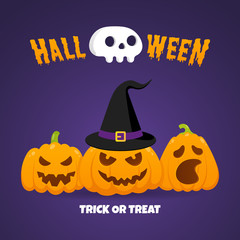 Happy halloween pumpkins with scary faces expression grimace, with witch hat and human scull flat style design vector illustration isolated on dark background and text.