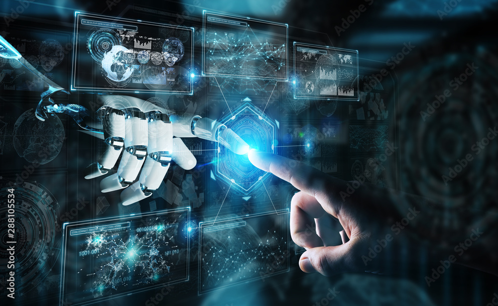 Poster robot hand and human hand touching digital graph interface 3d rendering