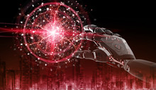 Red robot hacking a digital globe system 3D rendering