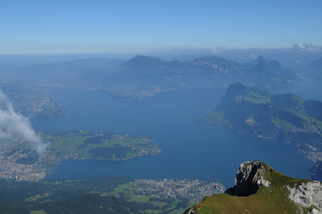 Switzerland : The panoramic view from Mount Pilatus down to lake lucerne and the villlages around