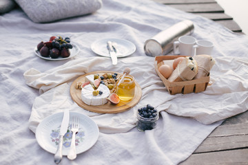 Picnic on the lake with fresh eggs, cheese and sandwiches.