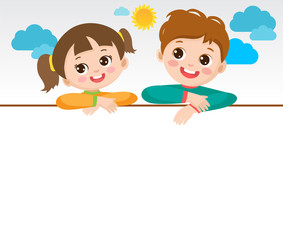 Cute Kids Holding White Blank Board Vector Illustration. Cute Boy And Girl Hold Banner. Happy Children Isolated On White Background. Children Group Holding Blank White Board Copy Space.