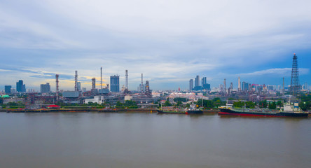 Aerial view of petrochemical oil refinery and sea in industrial engineering concept in Bangna...