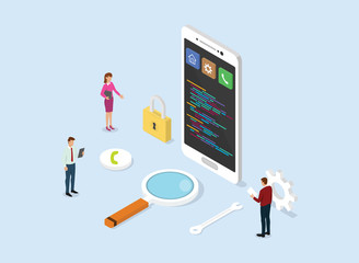 app development concept business with smartphone and programming script code with isometric flat style - vector