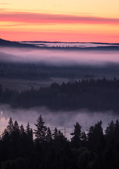 Scenic foggy landscape with mood forest at summer morning at National park, Finland. High angle aerial view.