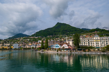 Fototapeta na wymiar Montreux cityscape, view from ship in Geneva lake