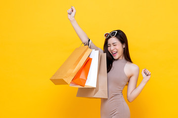 Happy excited Asian woman carrying shopping bags with hand raising up