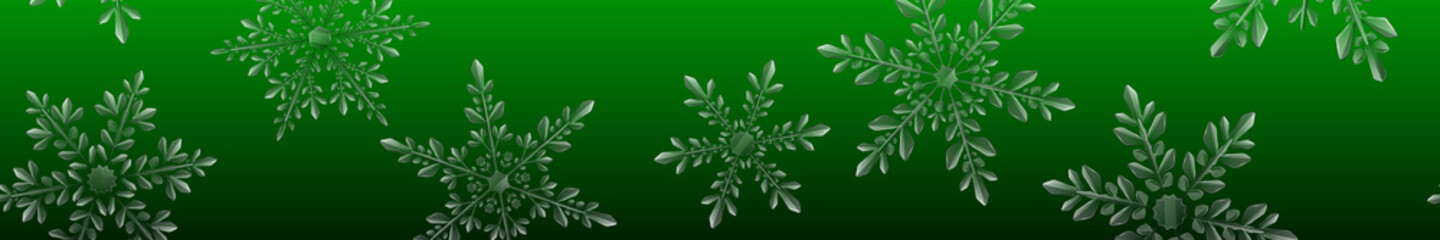 Christmas banner of large complex transparent snowflakes in light blue colors on green gradient background. With horizontal repeating pattern. Transparency only in vector format
