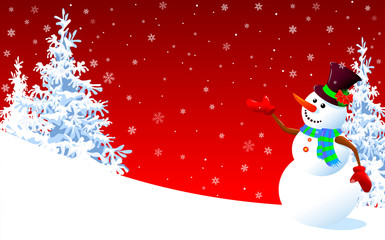 Cute snowman greeting on a red winter background. A snowman in a hat welcomes on a winter background. Snowman on a background of fir-trees and snowflakes