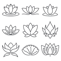 Lotus icons set. Outline set of lotus vector icons for web design isolated on white background