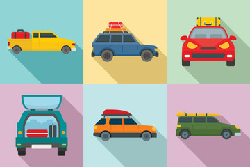 Naklejka premium Travel on car icons set. Flat set of travel on car vector icons for web design