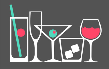set of different glasses for cocktails, poster