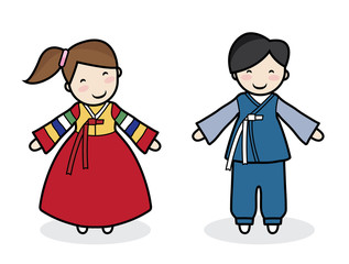 vector cute character man and woman of Korean, costume of national Korea