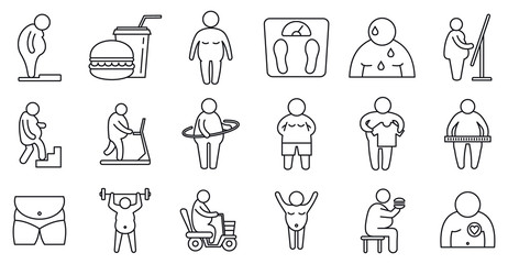 Overweight people icons set. Outline set of overweight people vector icons for web design isolated on white background