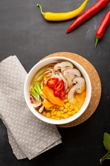 Noodles with corn and mushrooms, budda bowl